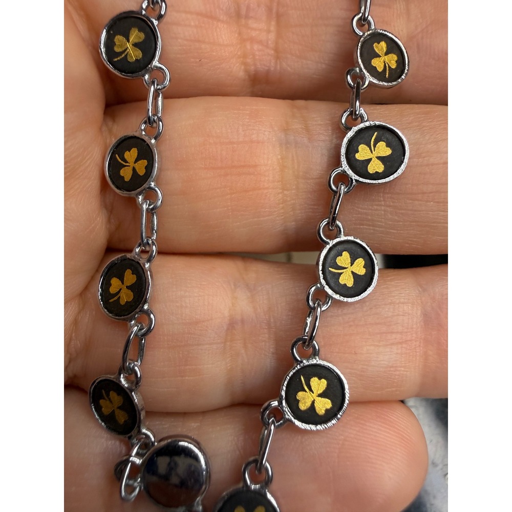 Silver Tone Damascene Gold Three Leaf Clover Station Necklace Black Luck 18 Inch